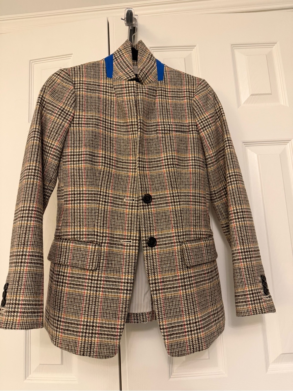 J. Crew Brown Houndstooth Wool Pea Coat with Red Accents